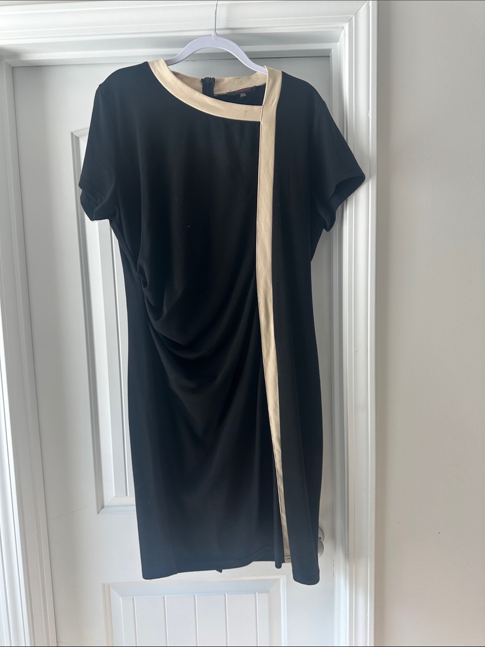 Black Dress with Cream Trim - Elegant Short Sleeve Shift